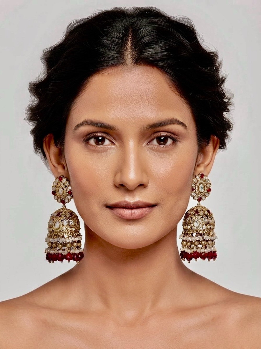 Handcrafted Gold-Tone and Red Jhumka Earrings
